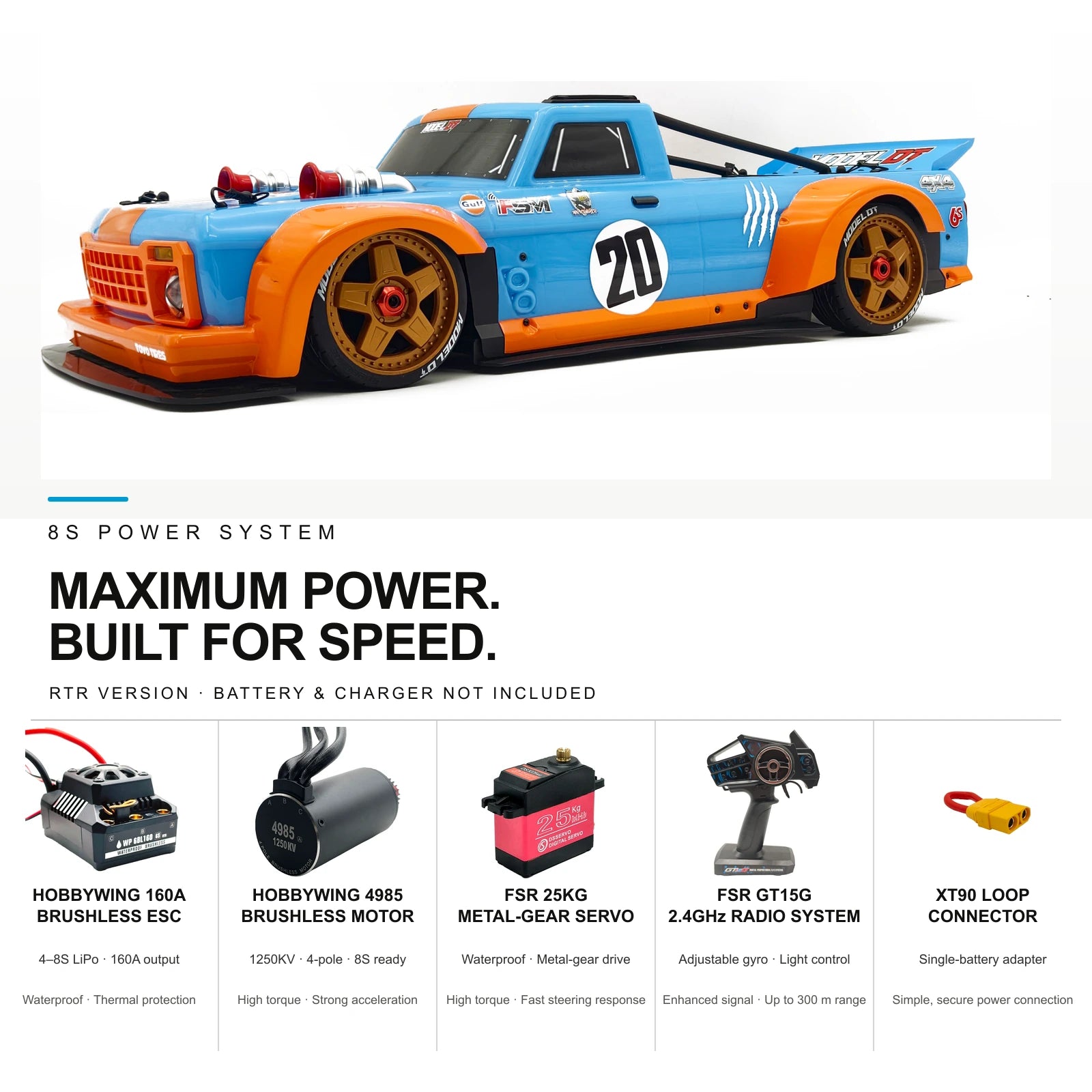 Orange Blue Model DT 8S RTR vehicle with 160A ESC, 4985 motor, 25 kg servo, GT15G radio and XT90 loop connector