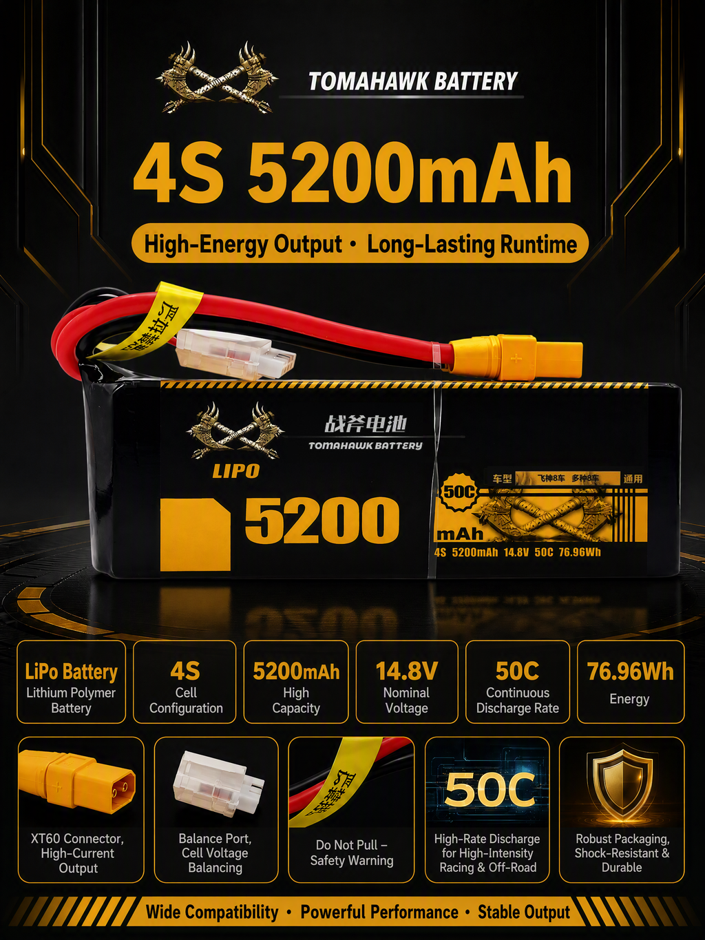 Tomahawk 4S 5200mAh 50C Hard Case LiPo Battery – 14.8V