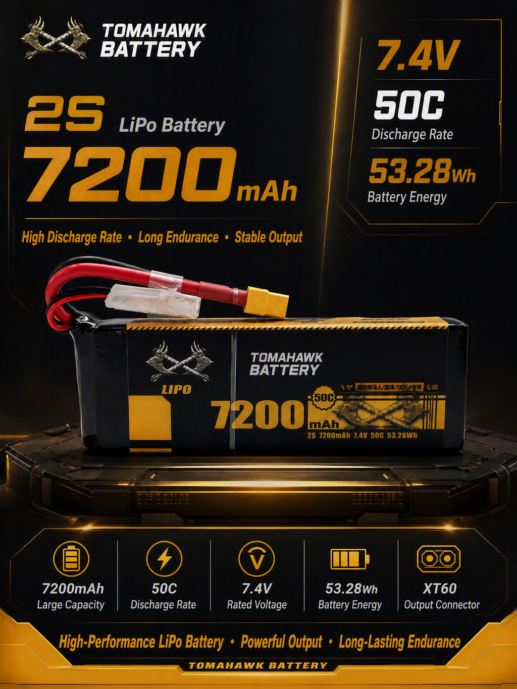 Tomahawk 2S 7200mAh 50C Hard Case LiPo Battery – 7.4V
