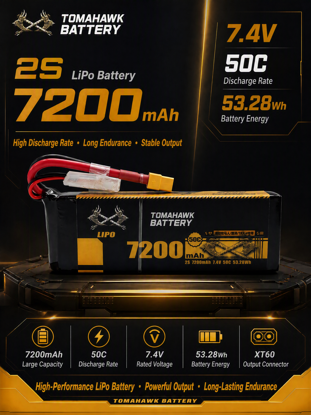 Tomahawk 2S 7200mAh 50C Hard Case LiPo Battery – 7.4V