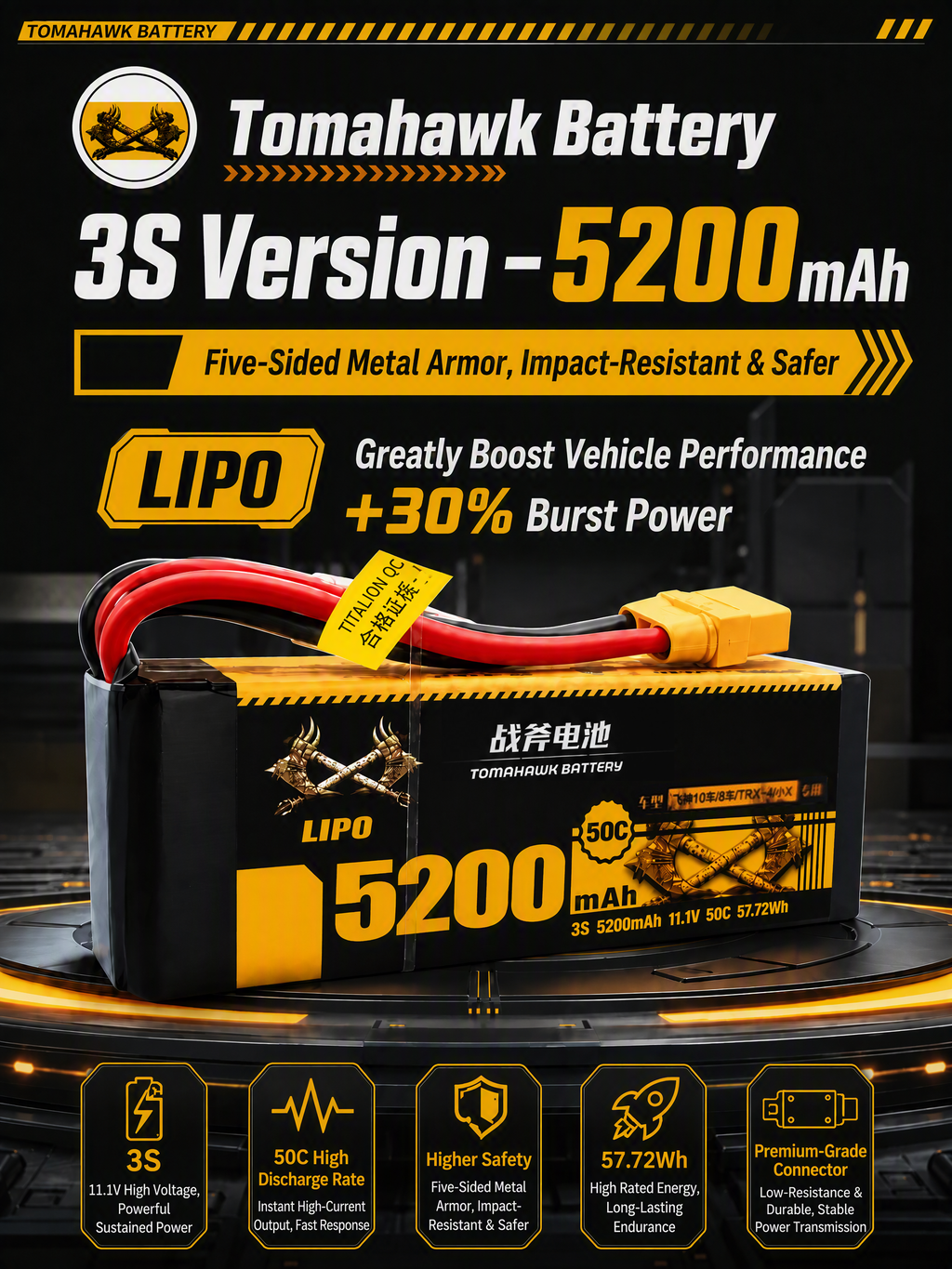 Tomahawk 3S 5200mAh 50C Hard Case LiPo Battery – 11.1V