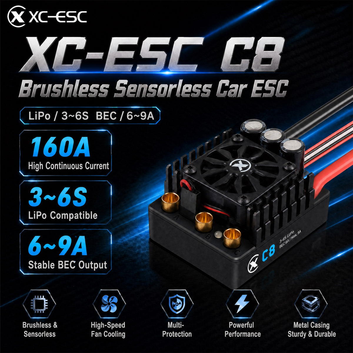 XC-ESC C8 160A Brushless ESC for 3-6S LiPo 1/8 RC Cars with Bluetooth App Tuning & Adjustable BEC