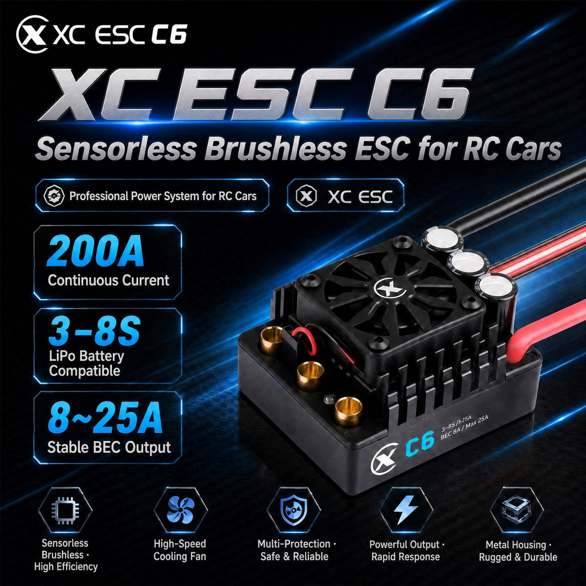 XC-ESC C6 200A Brushless ESC for 3-8S LiPo RC Cars with Bluetooth App Tuning & Adjustable BEC