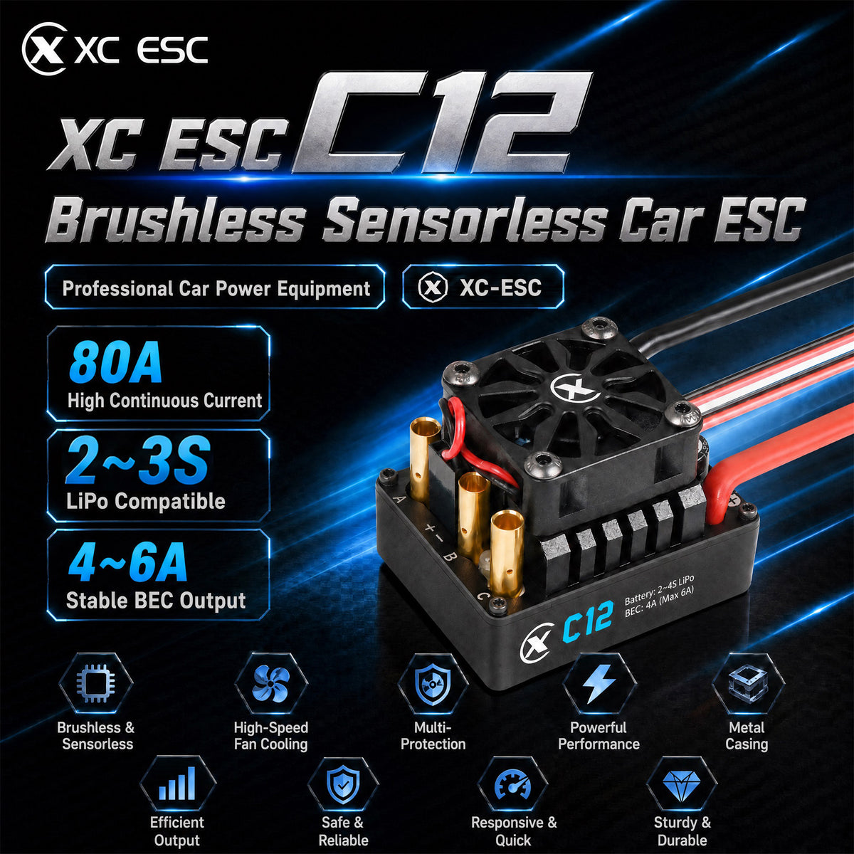 XC-ESC C12 60A Brushless ESC for 1/10 1/12 RC Cars with Bluetooth App Control & Adjustable BEC 2-3S LiPo