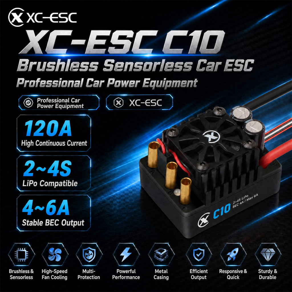 XC-ESC C10 120A Brushless ESC for 2-4S LiPo 1/10 RC Cars with Bluetooth App Tuning & Adjustable BEC