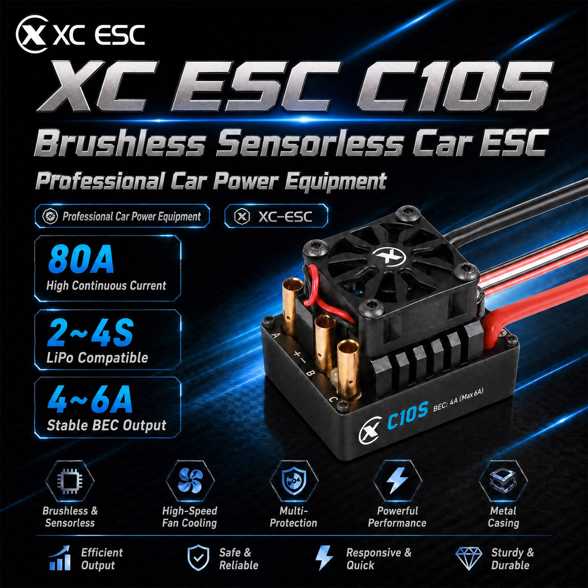 XC-ESC C10S 80A Brushless Sensorless ESC for 1/10 RC Cars with Bluetooth App Tuning & Adjustable BEC