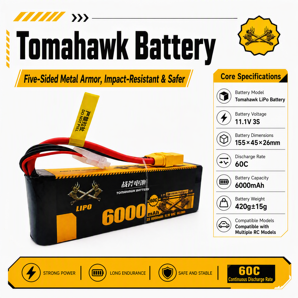 Tomahawk 3S 6000mAh 60C Hard Case LiPo Battery – 11.1V