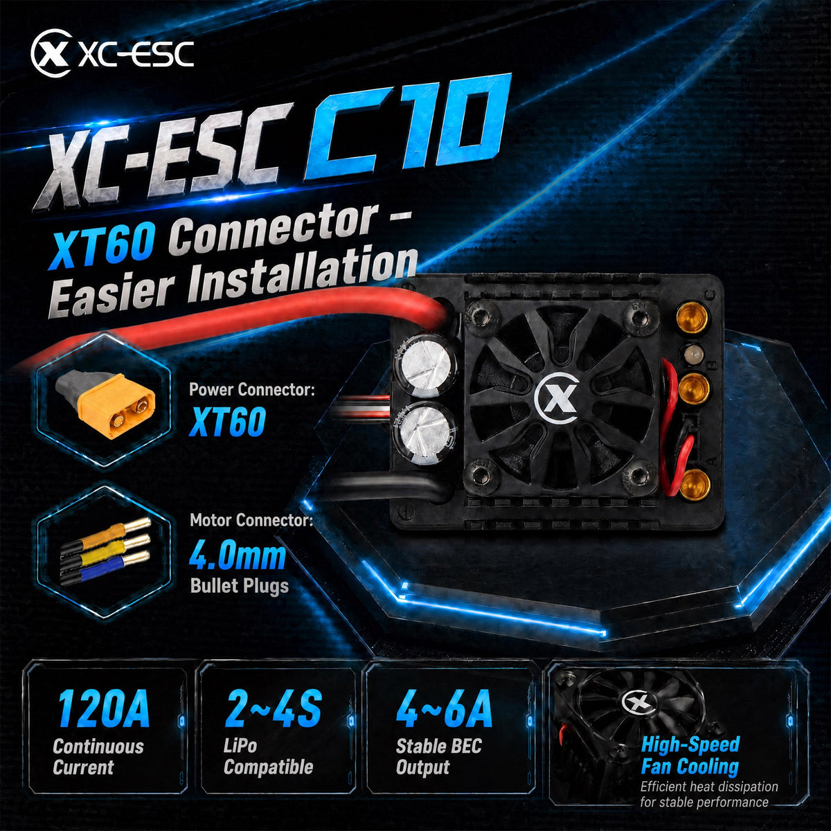 XC-ESC C10 120A Brushless ESC for 2-4S LiPo 1/10 RC Cars with Bluetooth App Tuning & Adjustable BEC