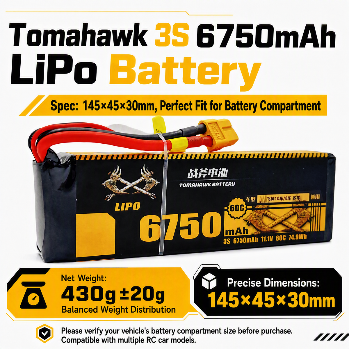Tomahawk 3S 6750mAh 60C Hard Case LiPo Battery – 11.1V