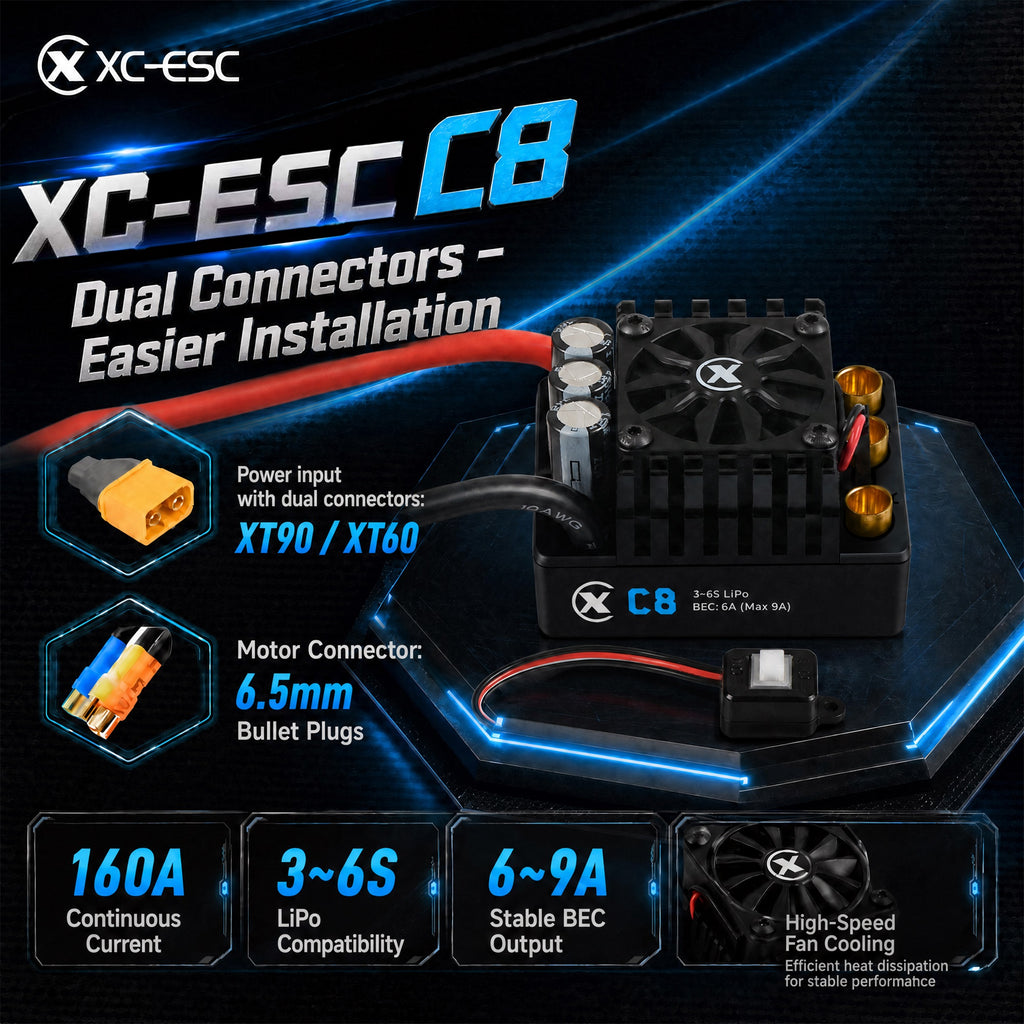 XC-ESC C8 160A Brushless ESC for 3-6S LiPo 1/8 RC Cars with Bluetooth App Tuning & Adjustable BEC