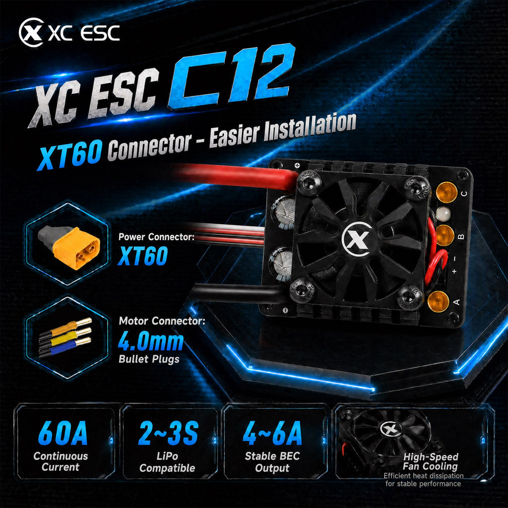 XC-ESC C12 60A Brushless ESC for 1/10 1/12 RC Cars with Bluetooth App Control & Adjustable BEC 2-3S LiPo