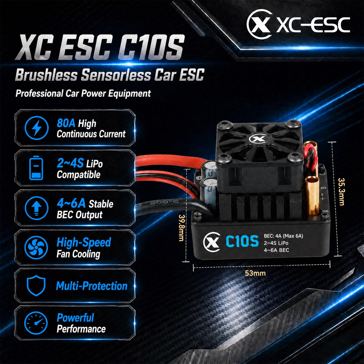 XC-ESC C10S 80A Brushless Sensorless ESC for 1/10 RC Cars with Bluetooth App Tuning & Adjustable BEC