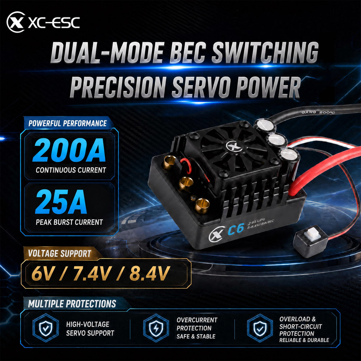 XC-ESC C6 200A Brushless ESC for 3-8S LiPo RC Cars with Bluetooth App Tuning & Adjustable BEC