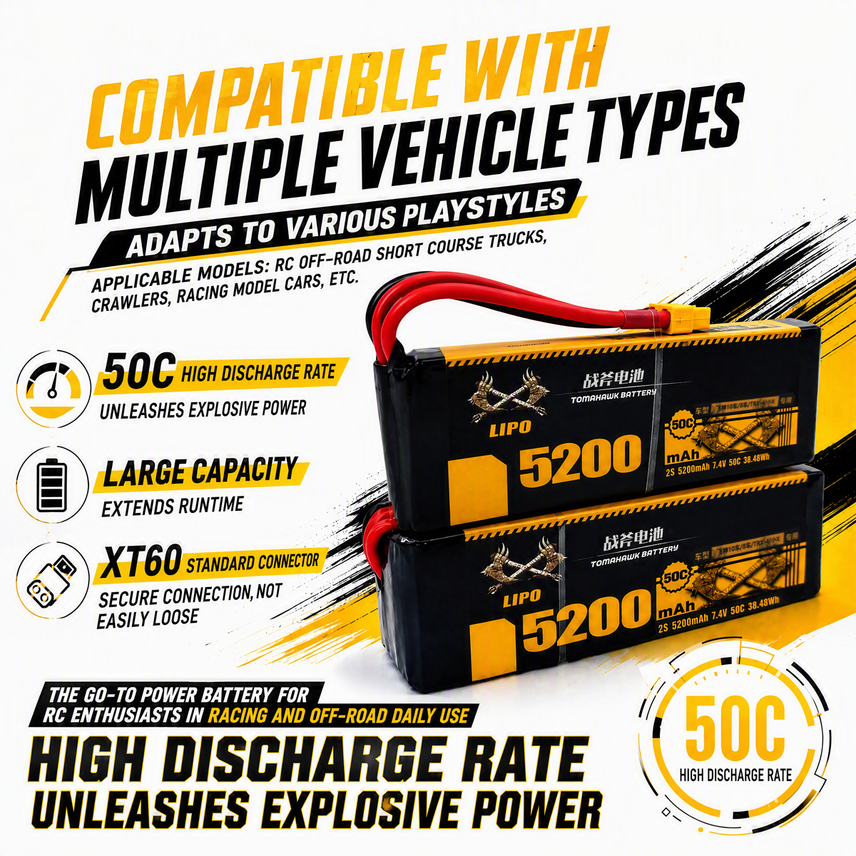 Tomahawk 2S 5200mAh 50C Hard Case LiPo Battery – 7.4V