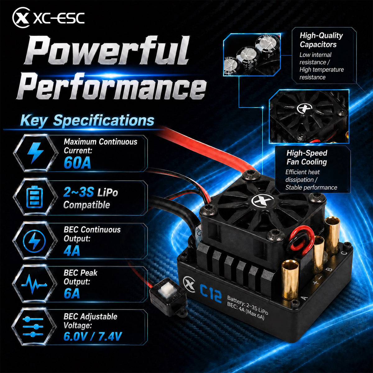 XC-ESC C12 60A Brushless ESC for 1/10 1/12 RC Cars with Bluetooth App Control & Adjustable BEC 2-3S LiPo