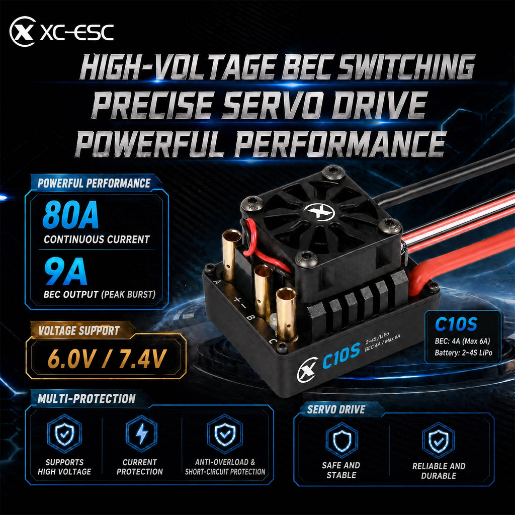 XC-ESC C10S 80A Brushless Sensorless ESC for 1/10 RC Cars with Bluetooth App Tuning & Adjustable BEC