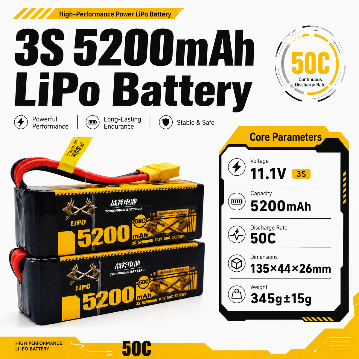 Tomahawk 3S 5200mAh 50C Hard Case LiPo Battery – 11.1V