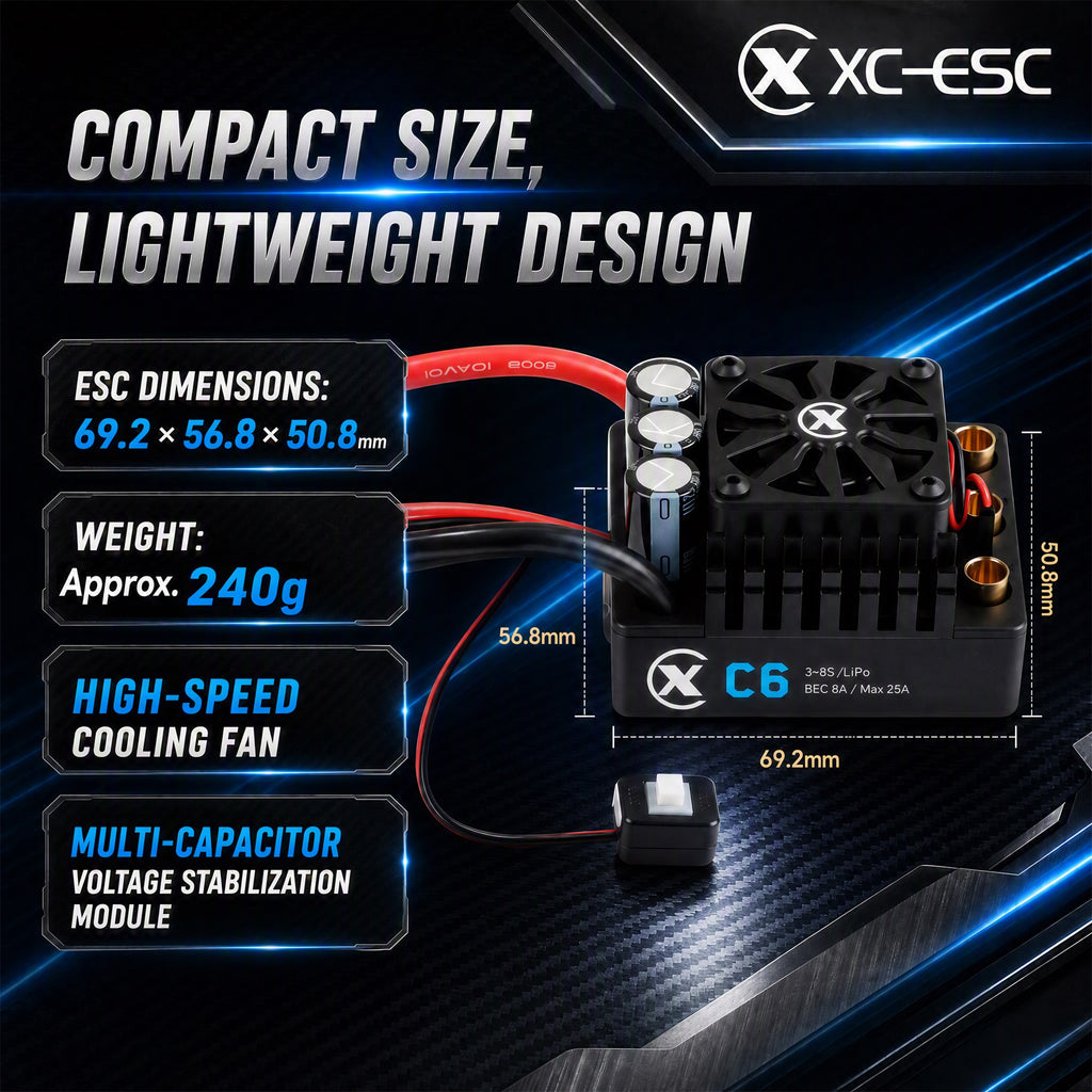 XC-ESC C6 200A Brushless ESC for 3-8S LiPo RC Cars with Bluetooth App Tuning & Adjustable BEC