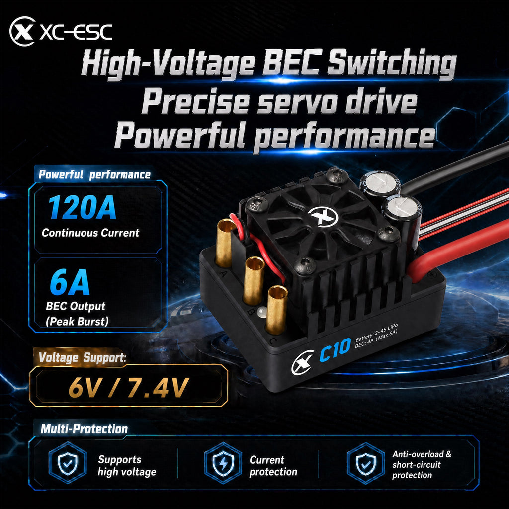 XC-ESC C10 120A Brushless ESC for 2-4S LiPo 1/10 RC Cars with Bluetooth App Tuning & Adjustable BEC