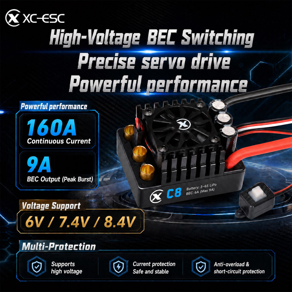 XC-ESC C8 160A Brushless ESC for 3-6S LiPo 1/8 RC Cars with Bluetooth App Tuning & Adjustable BEC