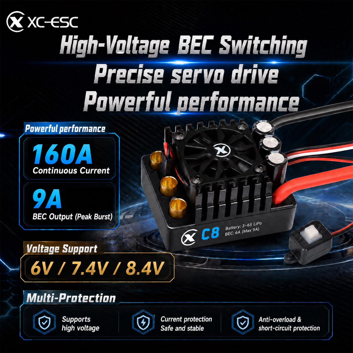 XC-ESC C8 160A Brushless ESC for 3-6S LiPo 1/8 RC Cars with Bluetooth App Tuning & Adjustable BEC