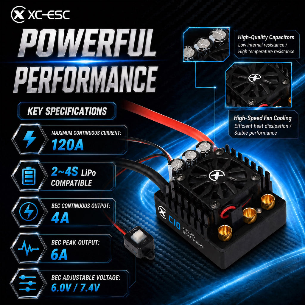 XC-ESC C10 120A Brushless ESC for 2-4S LiPo 1/10 RC Cars with Bluetooth App Tuning & Adjustable BEC