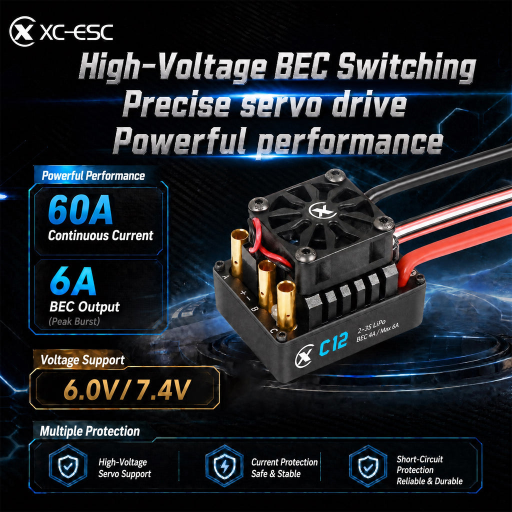 XC-ESC C12 60A Brushless ESC for 1/10 1/12 RC Cars with Bluetooth App Control & Adjustable BEC 2-3S LiPo