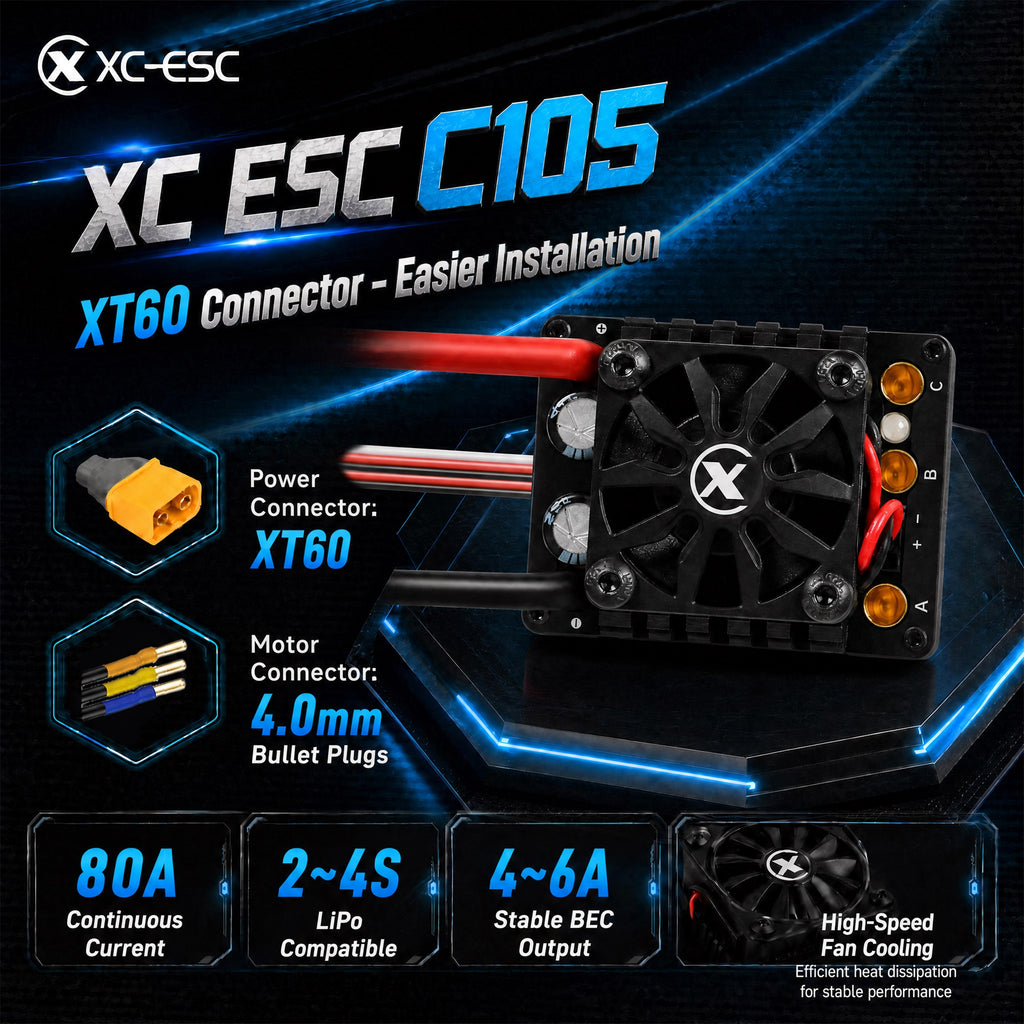 XC-ESC C10S 80A Brushless Sensorless ESC for 1/10 RC Cars with Bluetooth App Tuning & Adjustable BEC