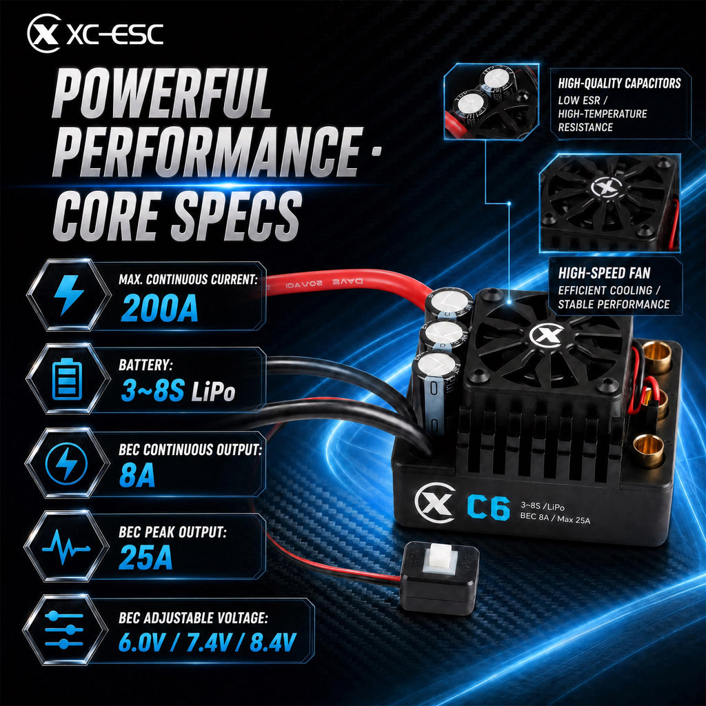 XC-ESC C6 200A Brushless ESC for 3-8S LiPo RC Cars with Bluetooth App Tuning & Adjustable BEC