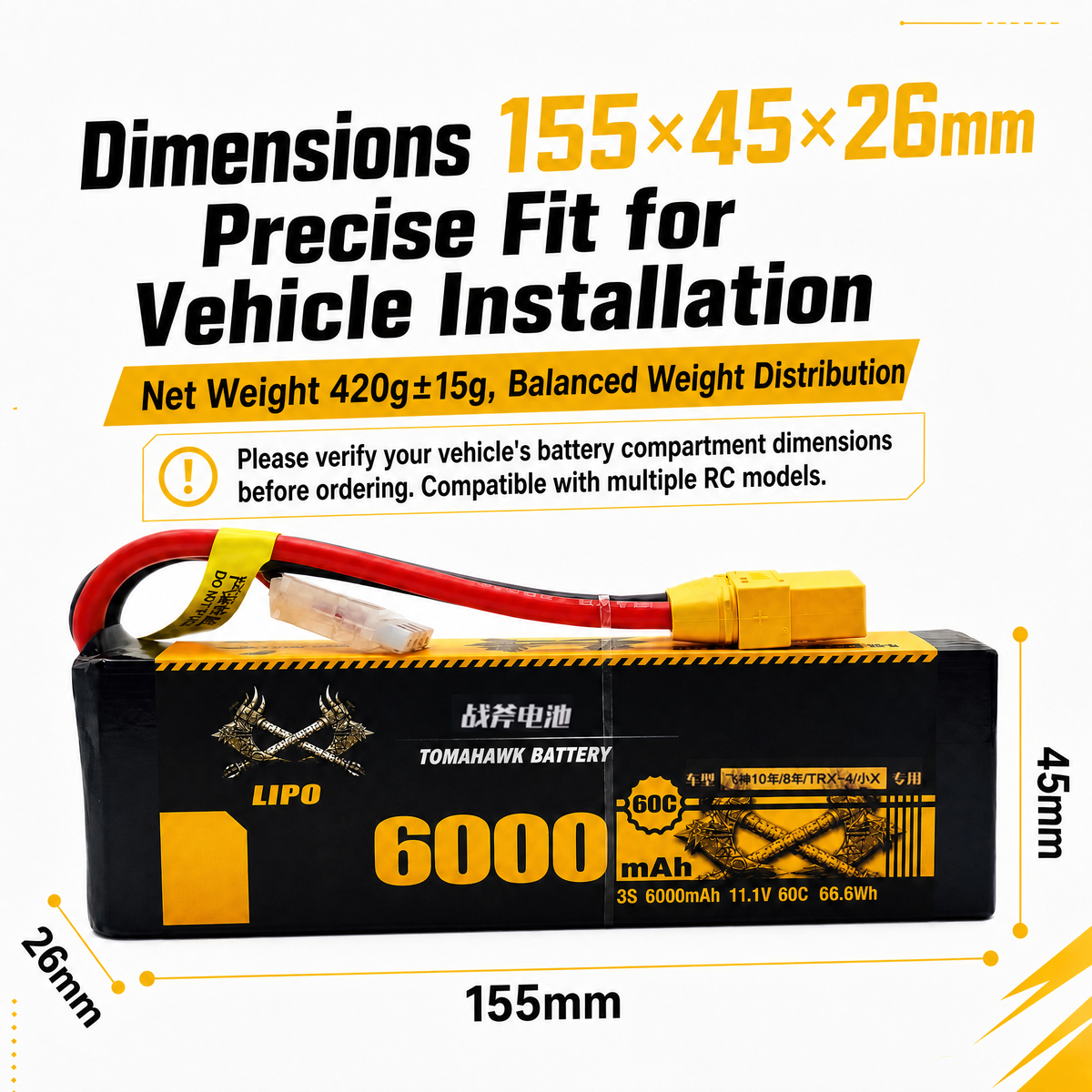Tomahawk 3S 6000mAh 60C Hard Case LiPo Battery – 11.1V