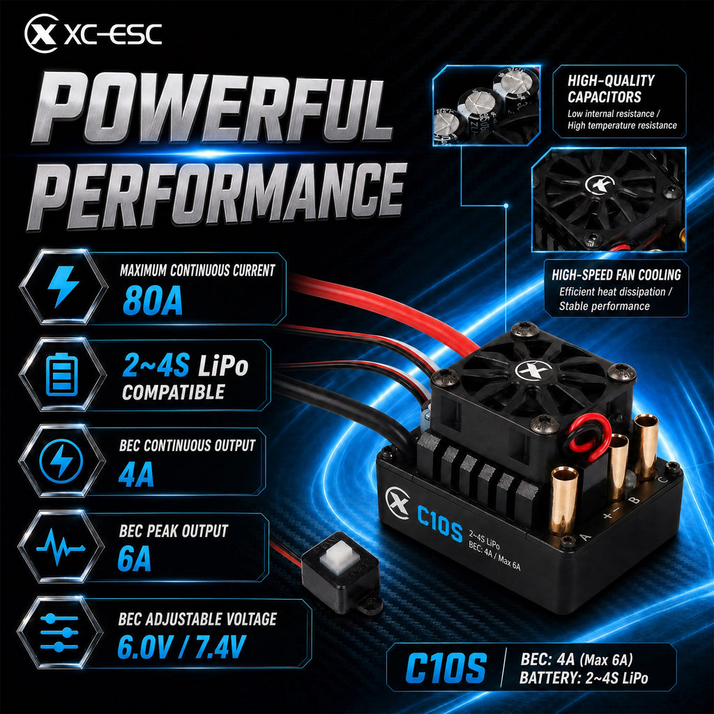 XC-ESC C10S 80A Brushless Sensorless ESC for 1/10 RC Cars with Bluetooth App Tuning & Adjustable BEC