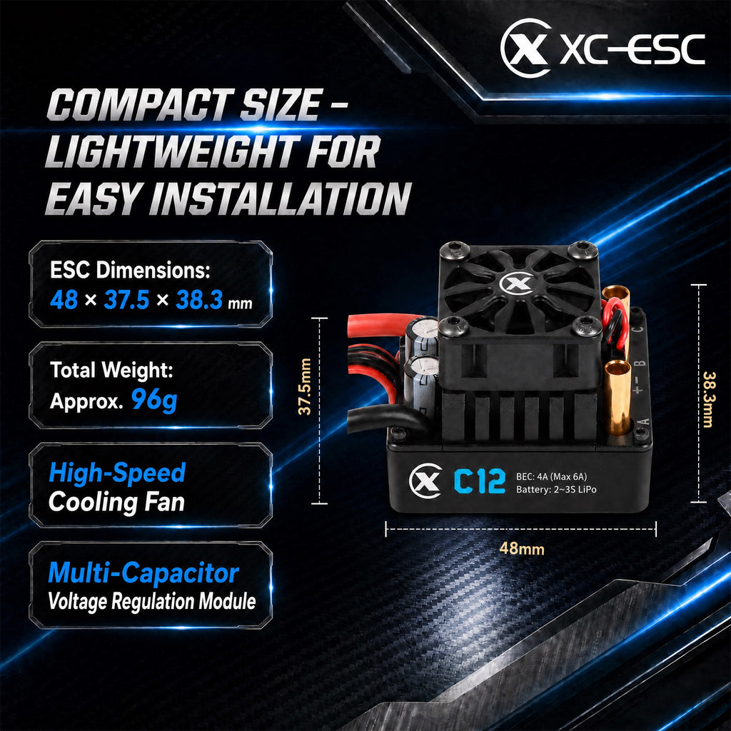 XC-ESC C12 60A Brushless ESC for 1/10 1/12 RC Cars with Bluetooth App Control & Adjustable BEC 2-3S LiPo