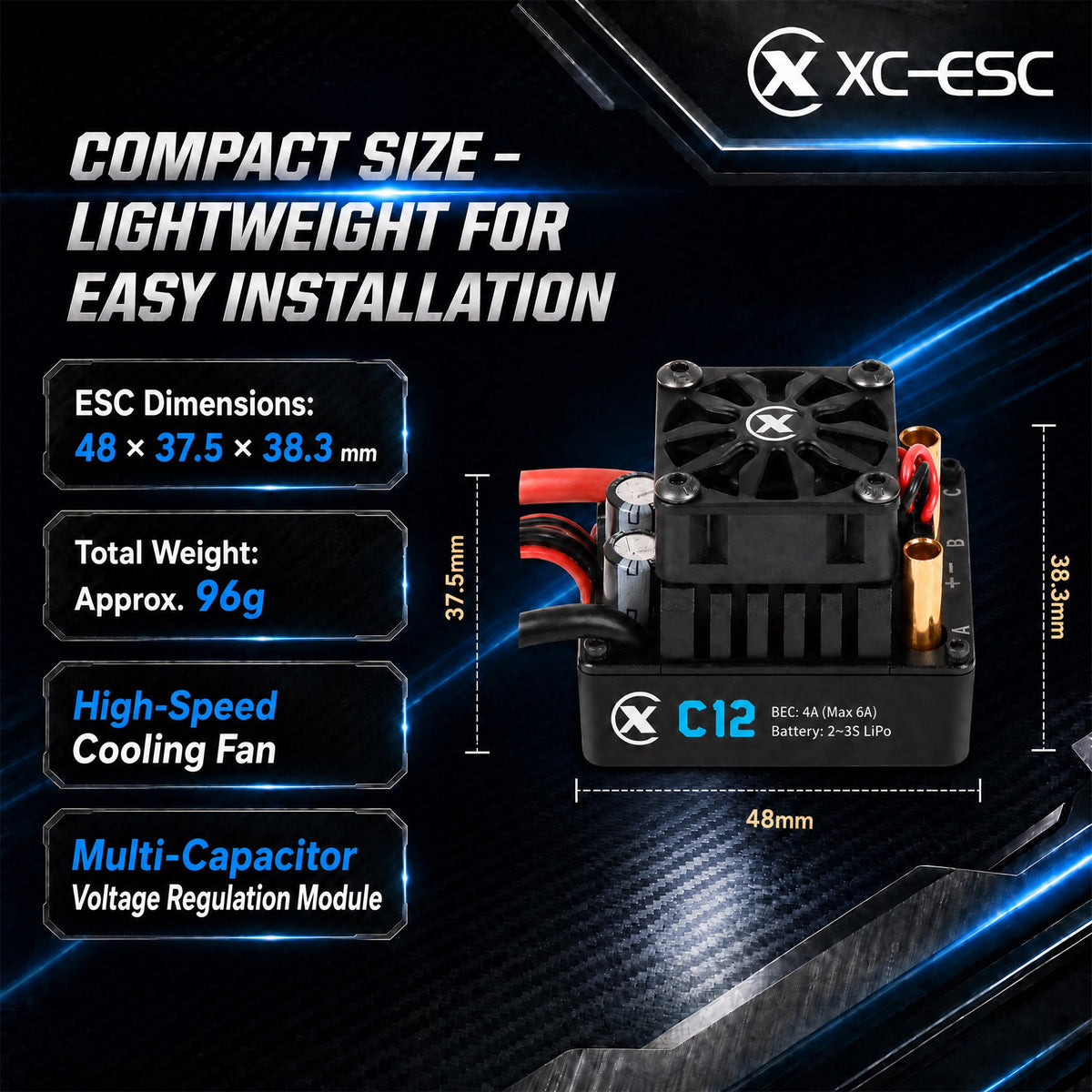 XC-ESC C12 60A Brushless ESC for 1/10 1/12 RC Cars with Bluetooth App Control & Adjustable BEC 2-3S LiPo