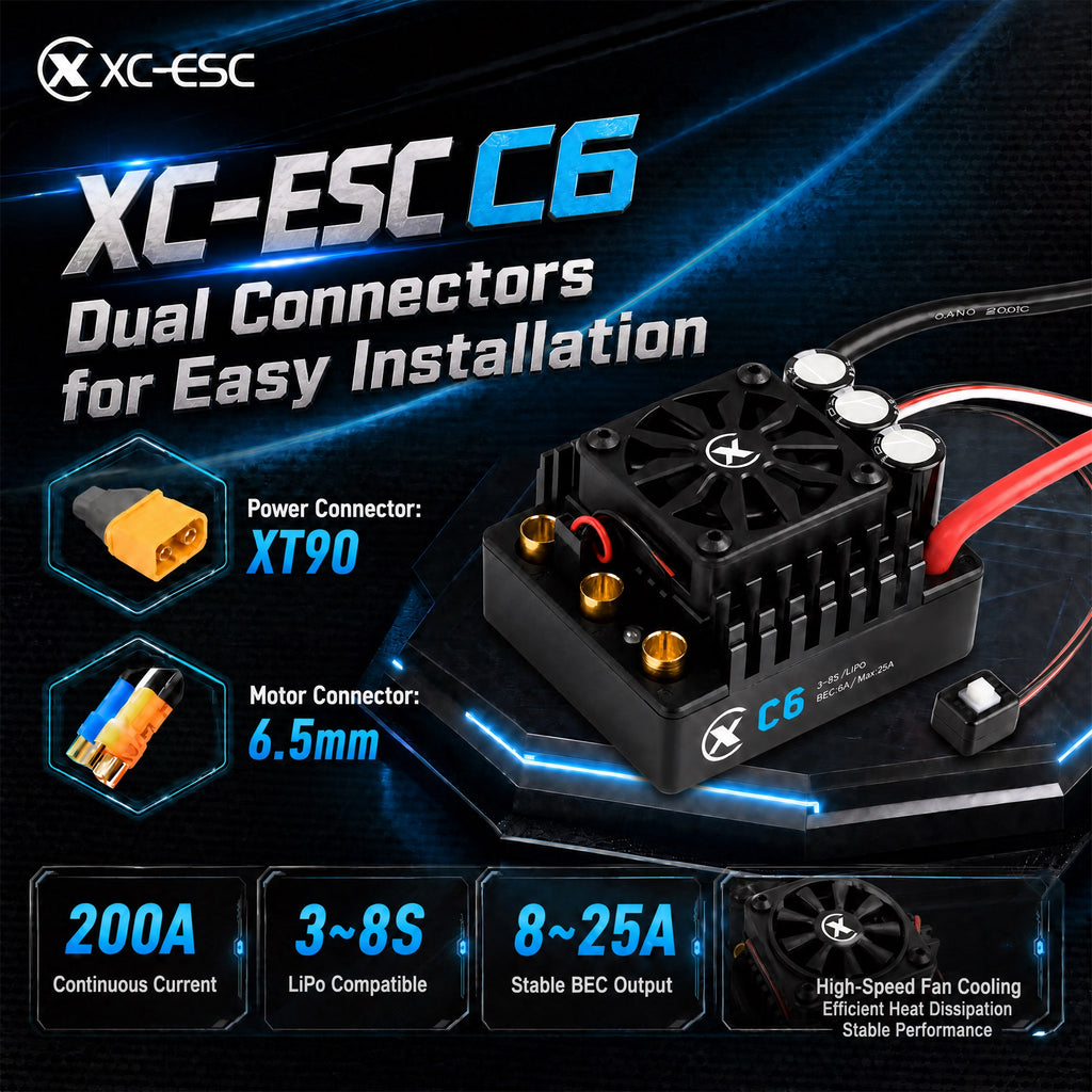 XC-ESC C6 200A Brushless ESC for 3-8S LiPo RC Cars with Bluetooth App Tuning & Adjustable BEC