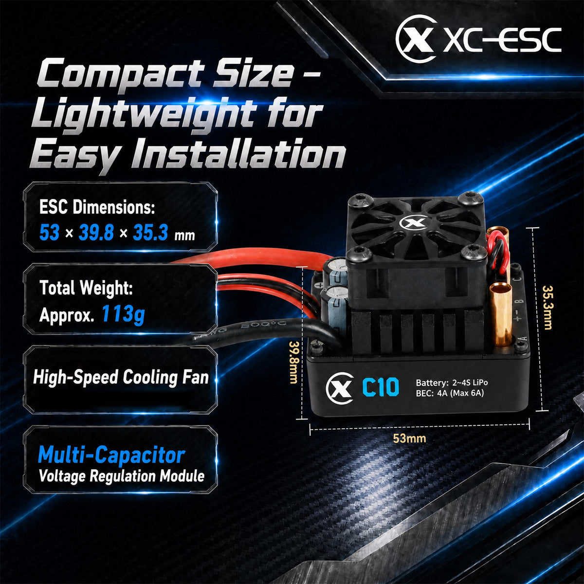 XC-ESC C10 120A Brushless ESC for 2-4S LiPo 1/10 RC Cars with Bluetooth App Tuning & Adjustable BEC