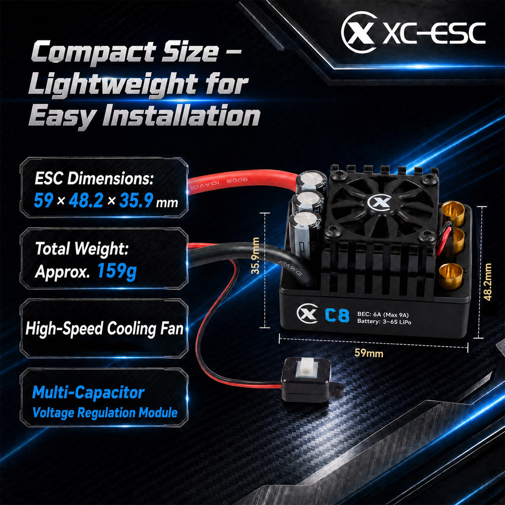 XC-ESC C8 160A Brushless ESC for 3-6S LiPo 1/8 RC Cars with Bluetooth App Tuning & Adjustable BEC
