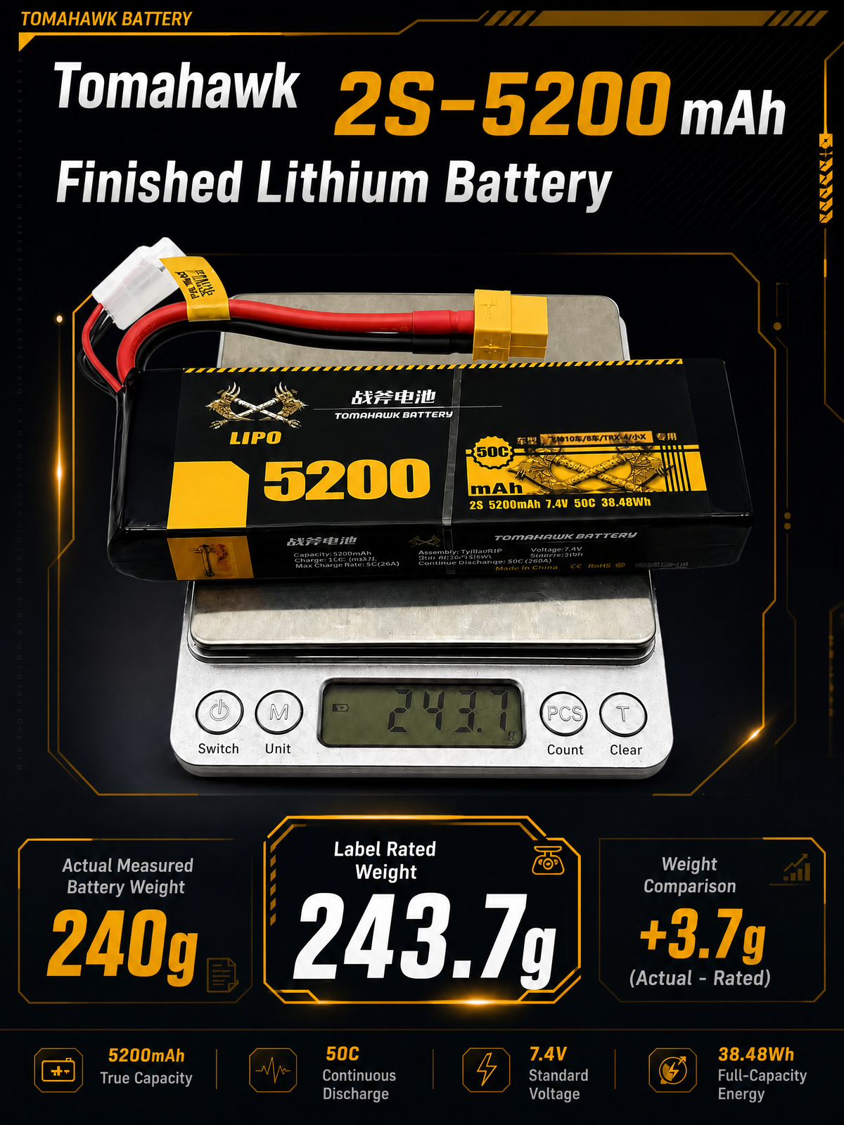 Tomahawk 2S 5200mAh 50C Hard Case LiPo Battery – 7.4V