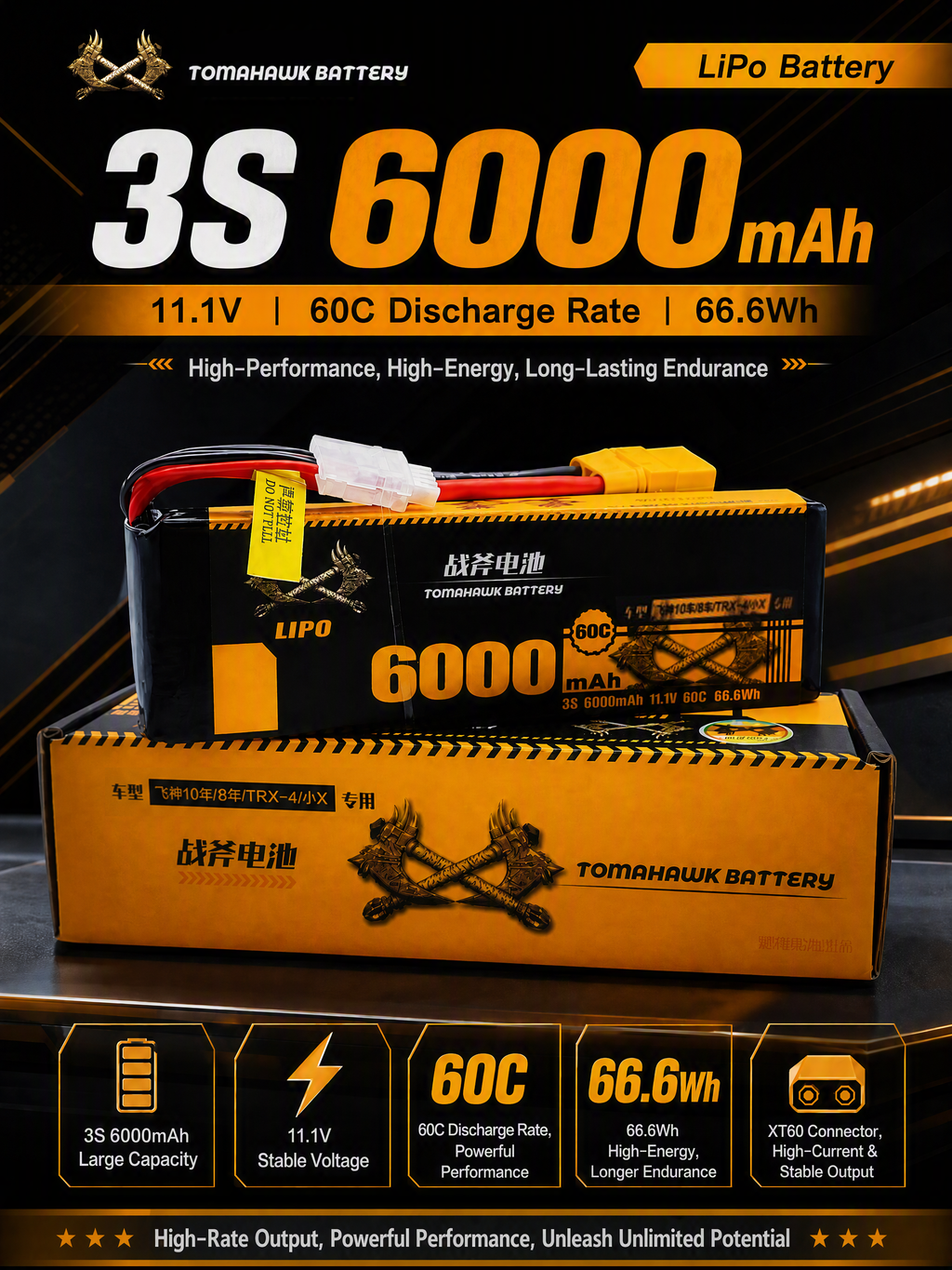Tomahawk 3S 6000mAh 60C Hard Case LiPo Battery – 11.1V