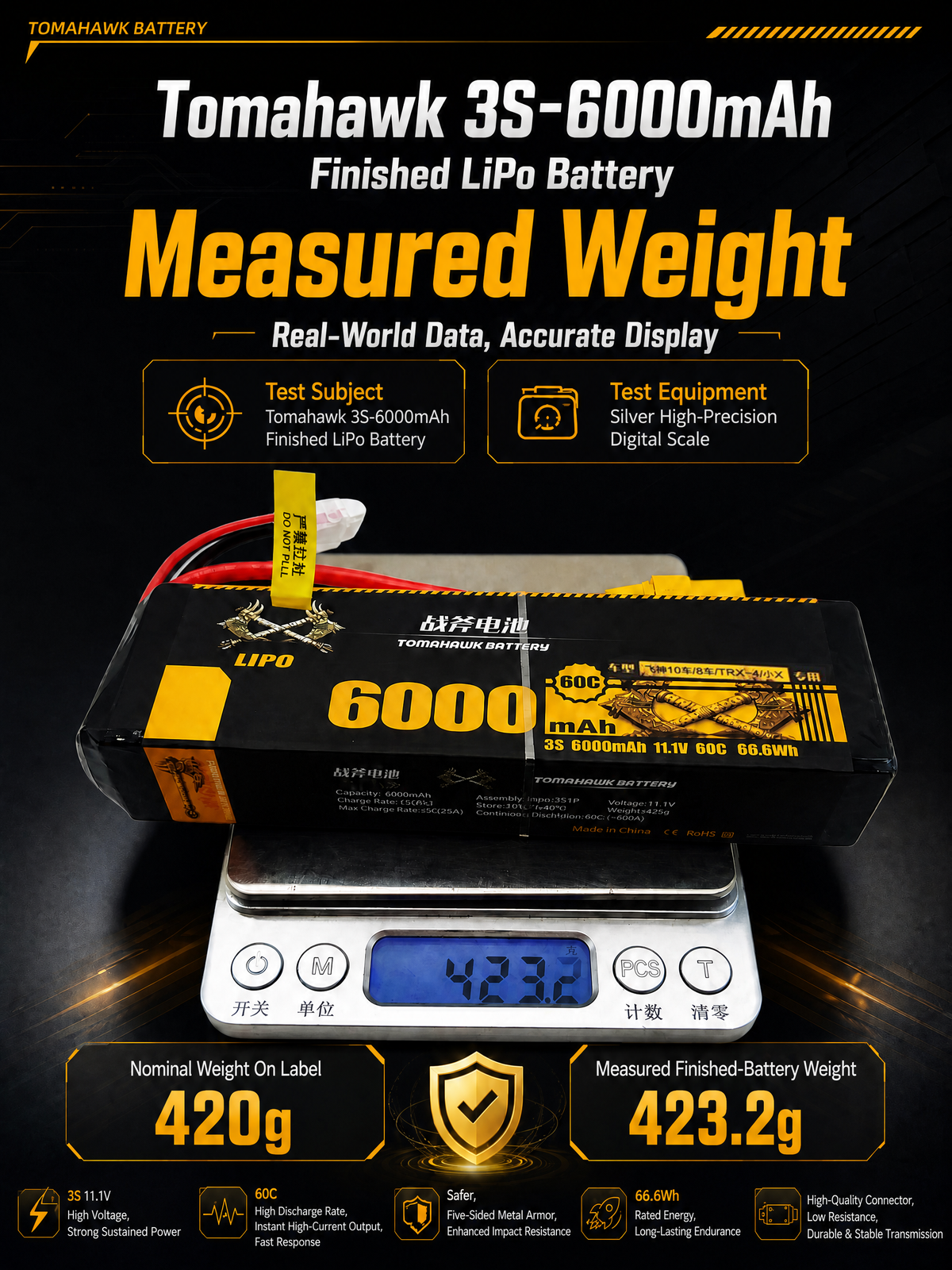 Tomahawk 3S 6000mAh 60C Hard Case LiPo Battery – 11.1V