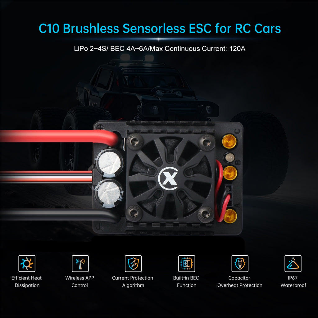 XC-ESC C10 120A Brushless ESC for 2-4S LiPo 1/10 RC Cars with Bluetooth App Tuning & Adjustable BEC