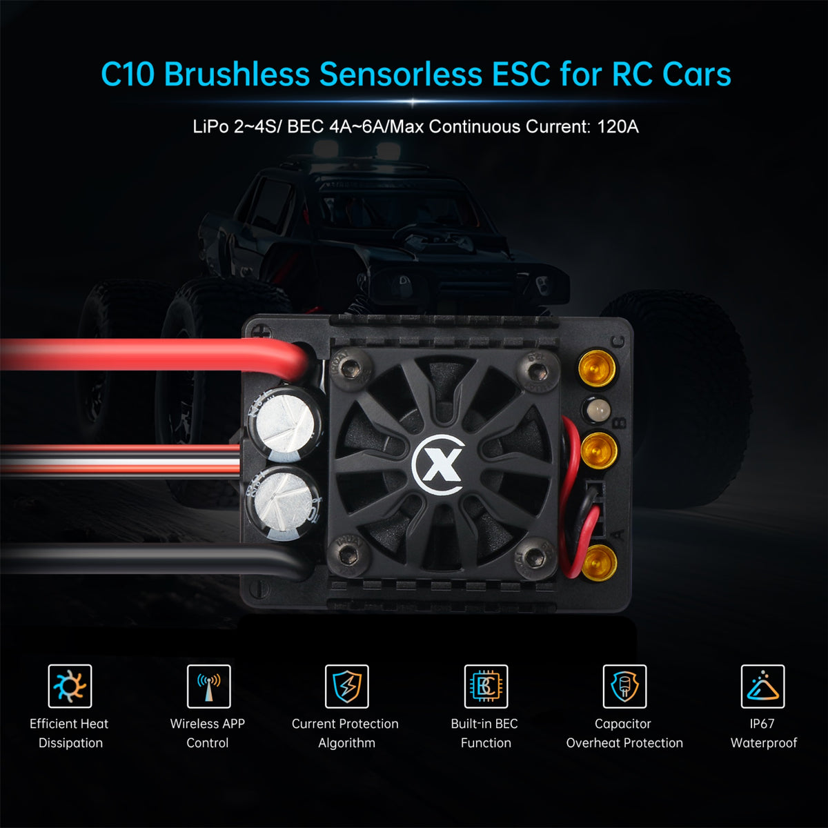 XC-ESC C10 120A Brushless ESC for 2-4S LiPo 1/10 RC Cars with Bluetooth App Tuning & Adjustable BEC