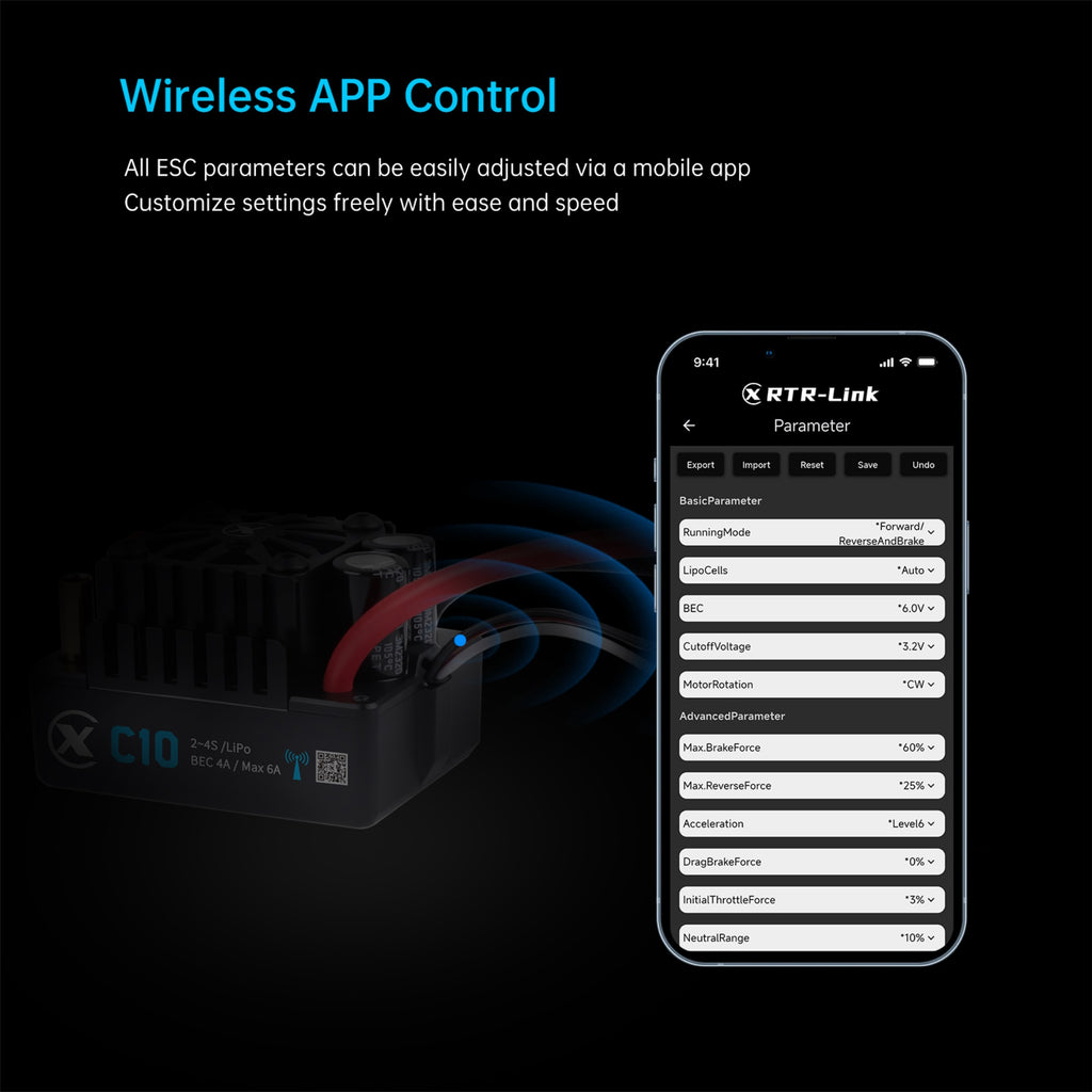 XC-ESC C10 120A Brushless ESC for 2-4S LiPo 1/10 RC Cars with Bluetooth App Tuning & Adjustable BEC