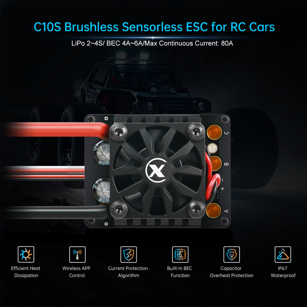 XC-ESC C10S 80A Brushless Sensorless ESC for 1/10 RC Cars with Bluetooth App Tuning & Adjustable BEC