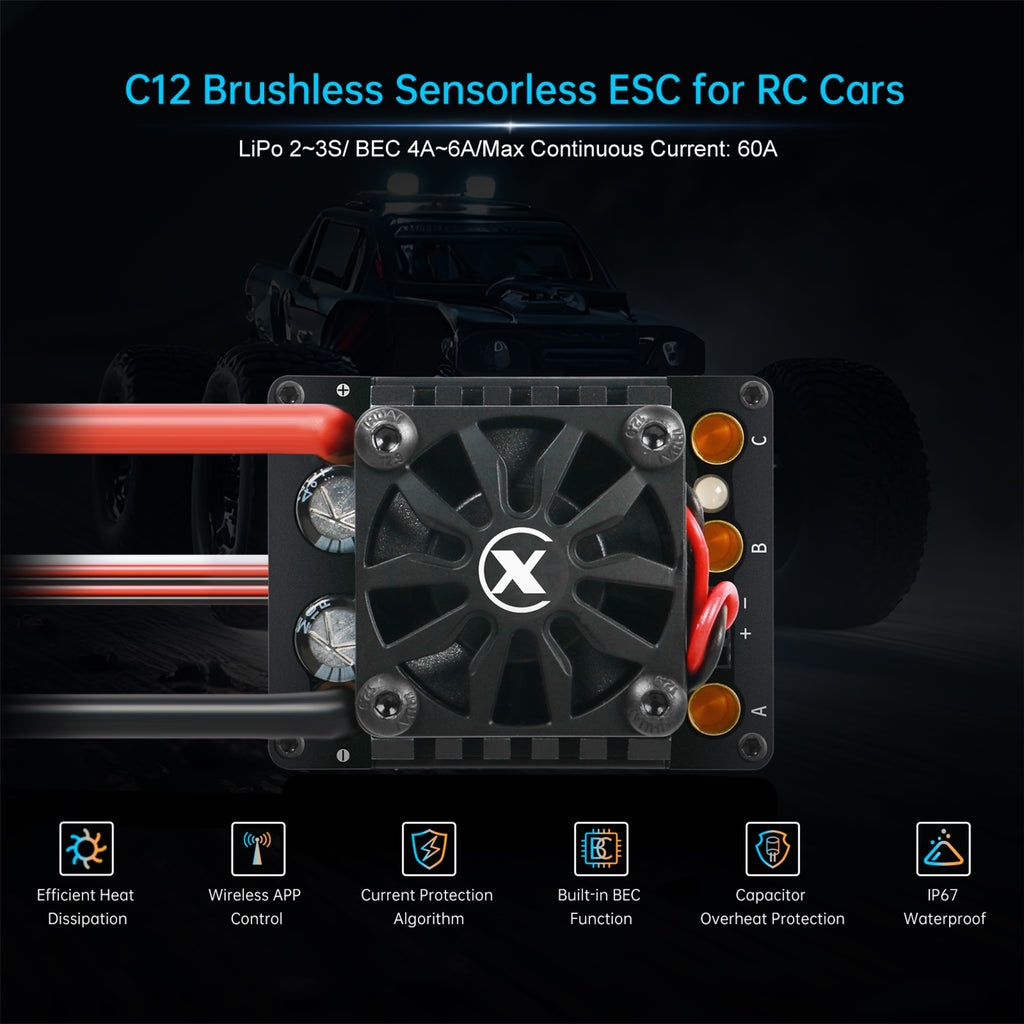 XC-ESC C12 60A Brushless ESC for 1/10 1/12 RC Cars with Bluetooth App Control & Adjustable BEC 2-3S LiPo