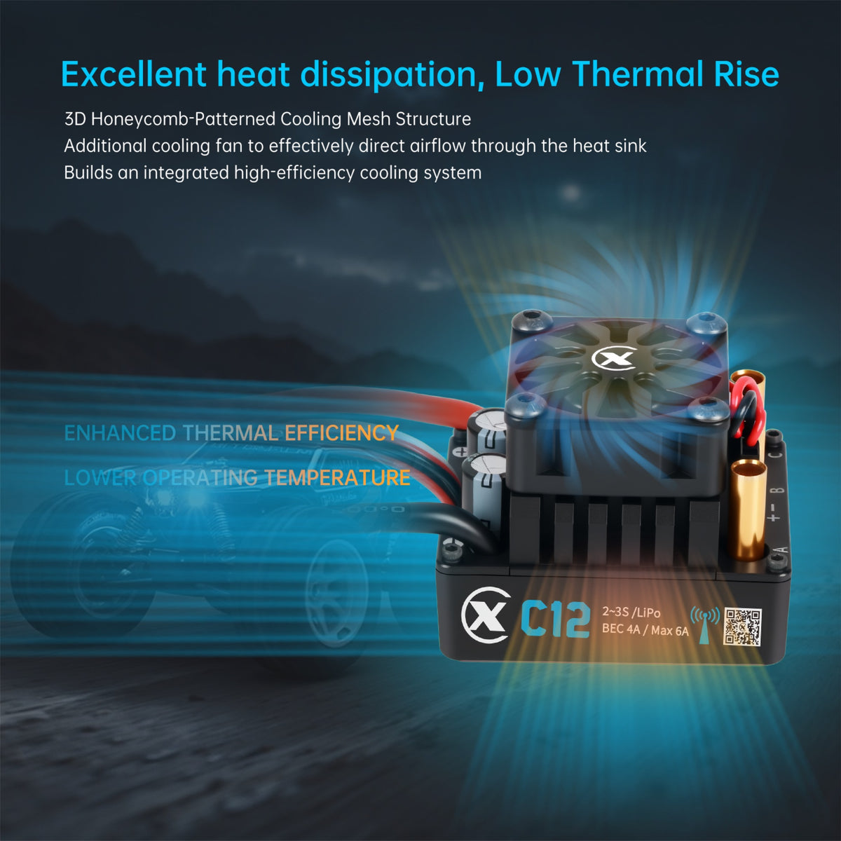 XC-ESC C12 60A Brushless ESC for 1/10 1/12 RC Cars with Bluetooth App Control & Adjustable BEC 2-3S LiPo