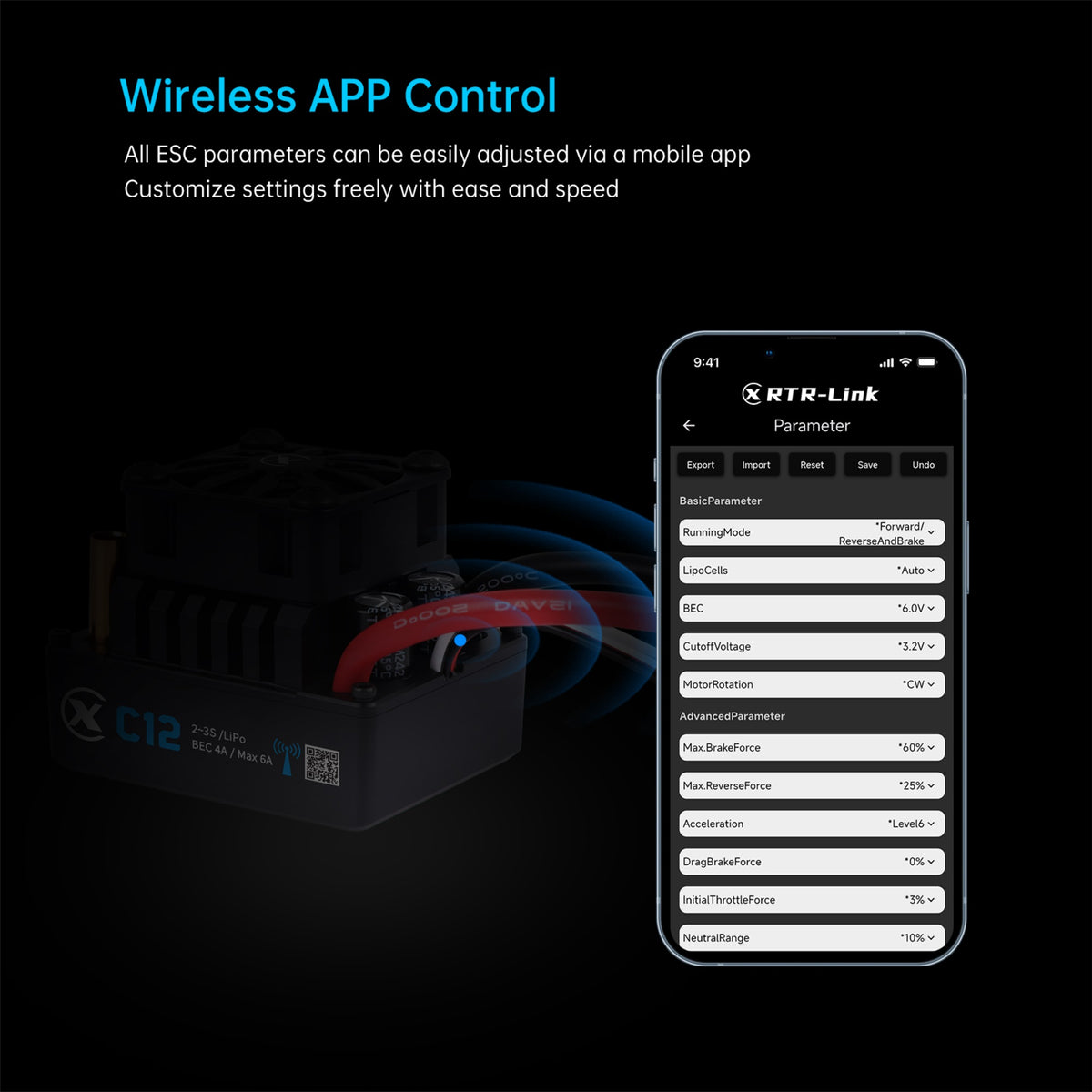 XC-ESC C12 60A Brushless ESC for 1/10 1/12 RC Cars with Bluetooth App Control & Adjustable BEC 2-3S LiPo