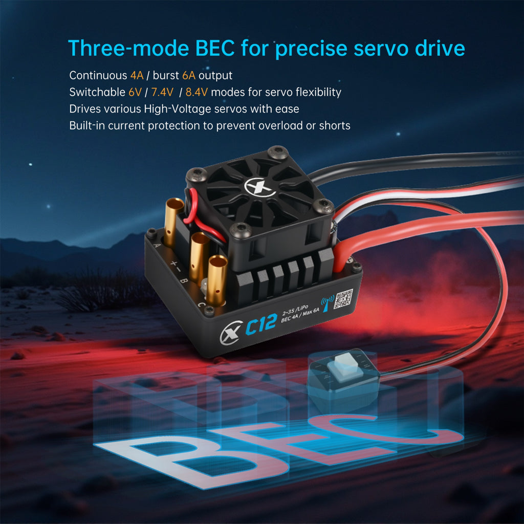 XC-ESC C12 60A Brushless ESC for 1/10 1/12 RC Cars with Bluetooth App Control & Adjustable BEC 2-3S LiPo