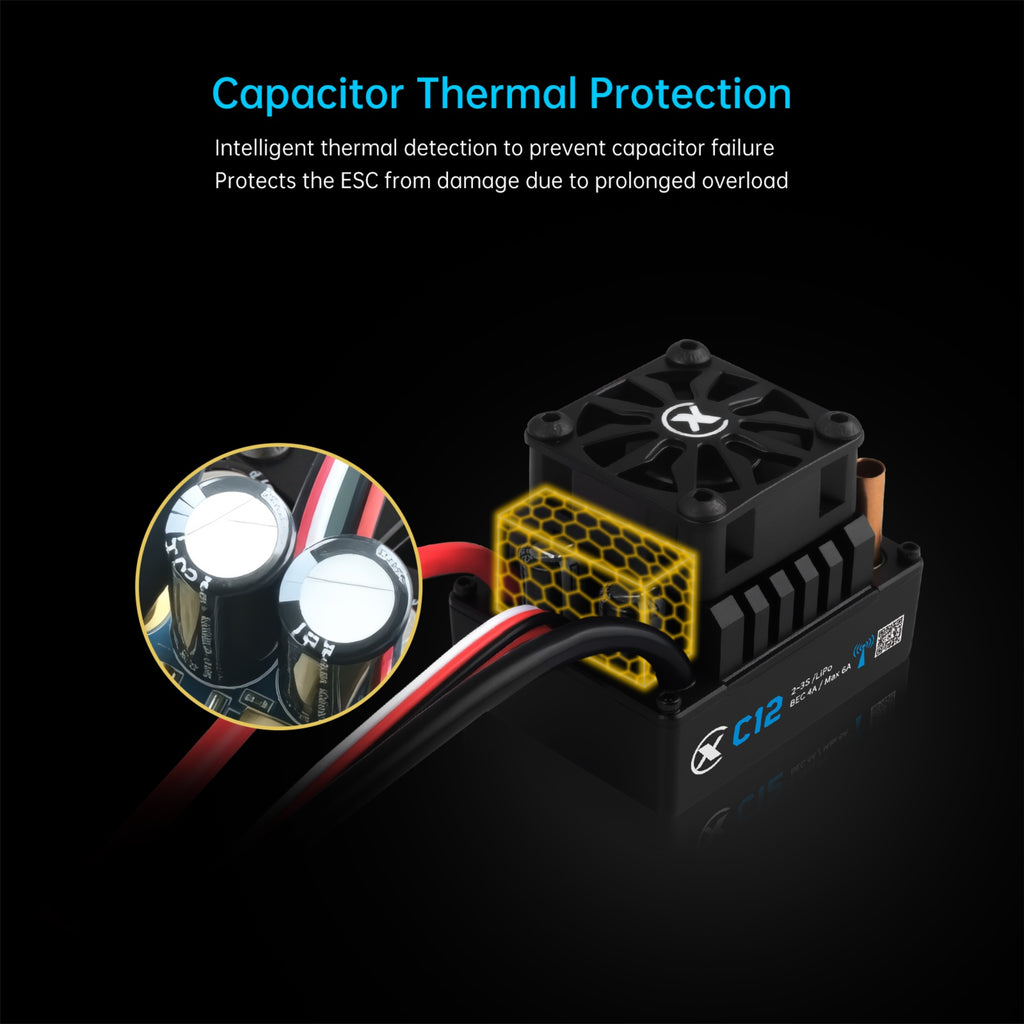 XC-ESC C12 60A Brushless ESC for 1/10 1/12 RC Cars with Bluetooth App Control & Adjustable BEC 2-3S LiPo