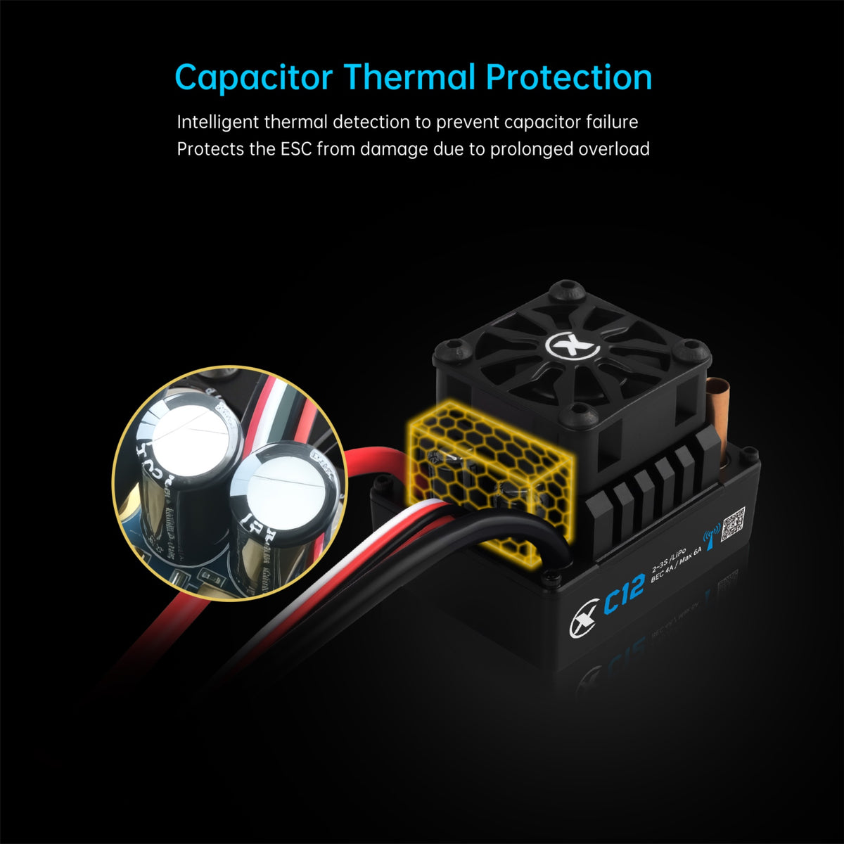 XC-ESC C12 60A Brushless ESC for 1/10 1/12 RC Cars with Bluetooth App Control & Adjustable BEC 2-3S LiPo