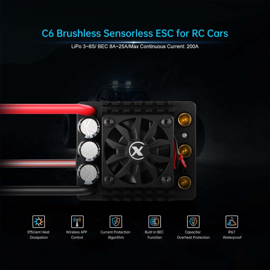 XC-ESC C6 200A Brushless ESC for 3-8S LiPo RC Cars with Bluetooth App Tuning & Adjustable BEC